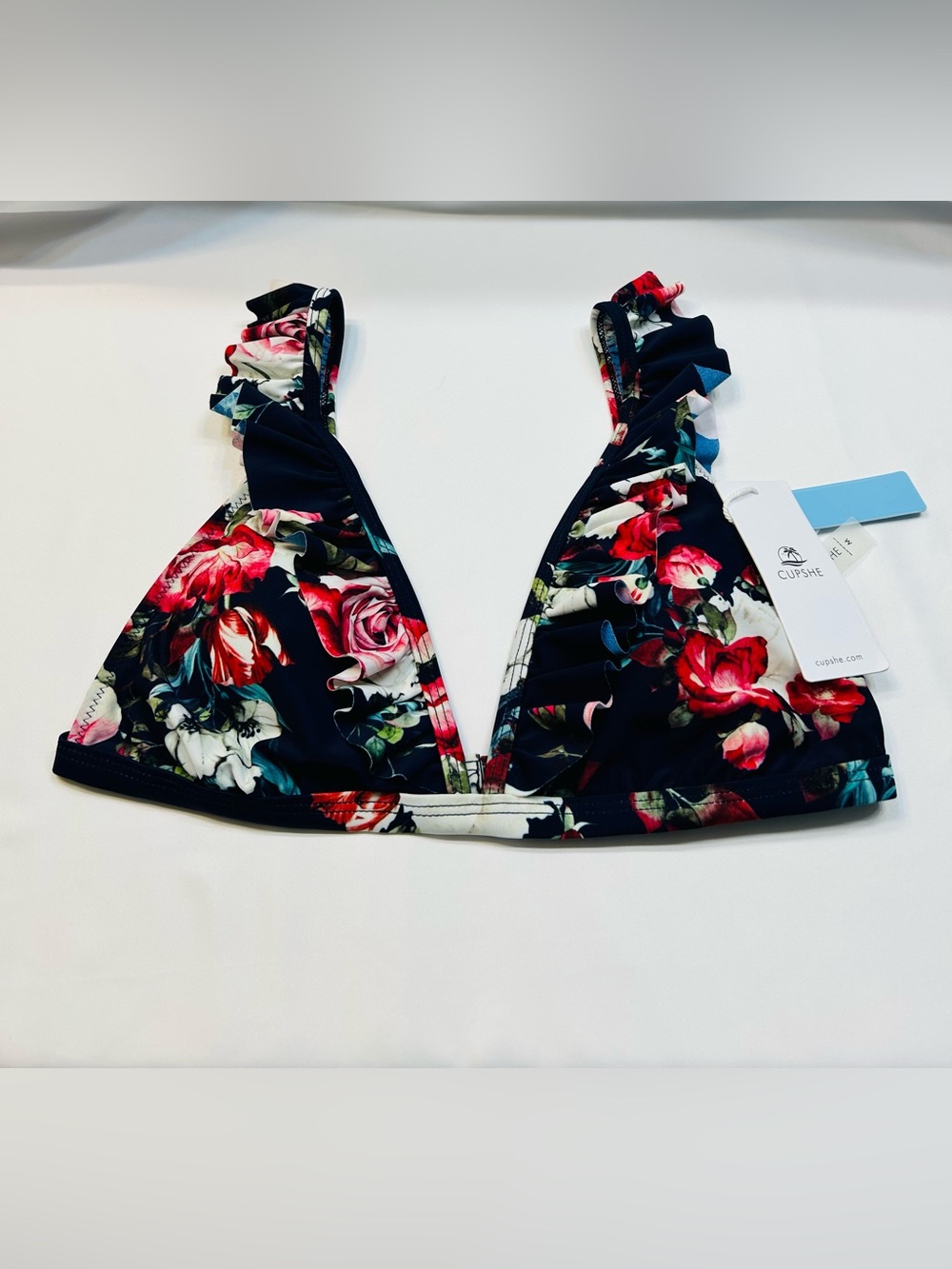 Cupshe Navy Floral Ruffle Triangle Bikini Top with Red Roses. New With Tags - Picture 3 of 6